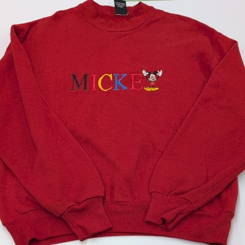90s Disney Mickey Unlimited Red Crewneck Sweater Embroidered Design Large Vtg
